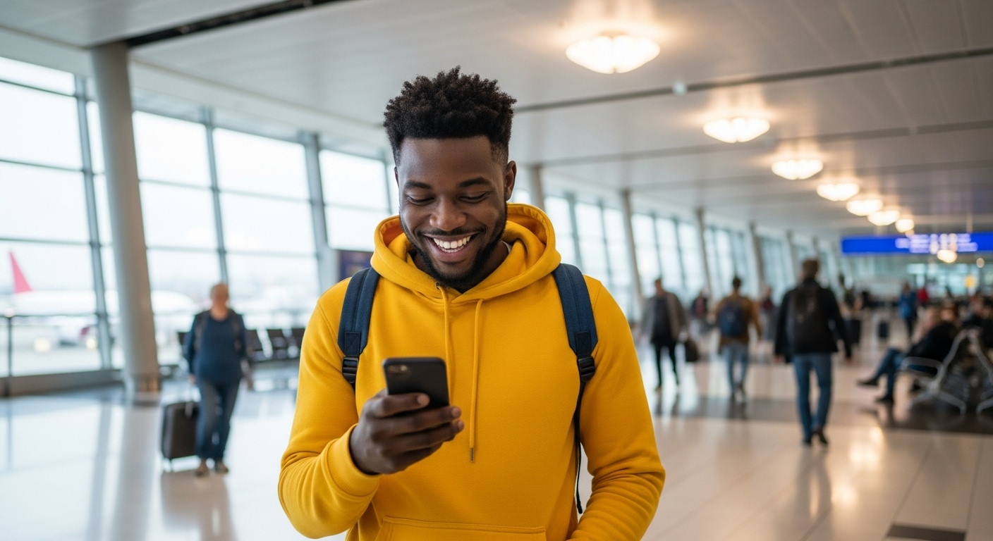 A young black man in a yellow hoodie, looking very happy with his phone at the airport #3