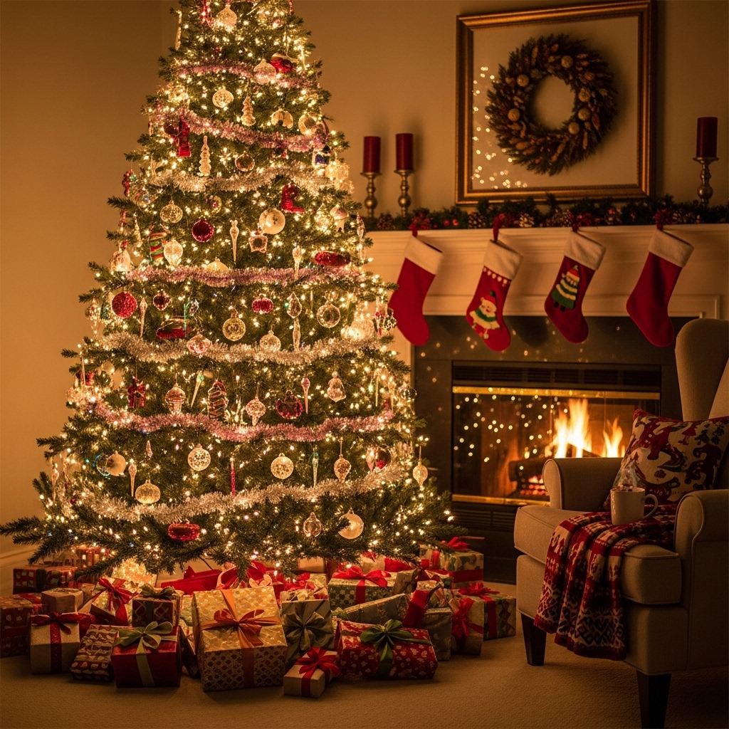 Beautifully decorated Christmas tree with glowing lights and presents #1