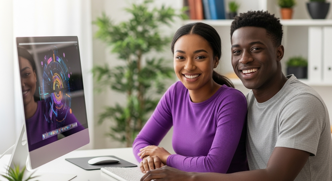 A young black man and woman in a purple shirt sitting behind a computer, smiling #4