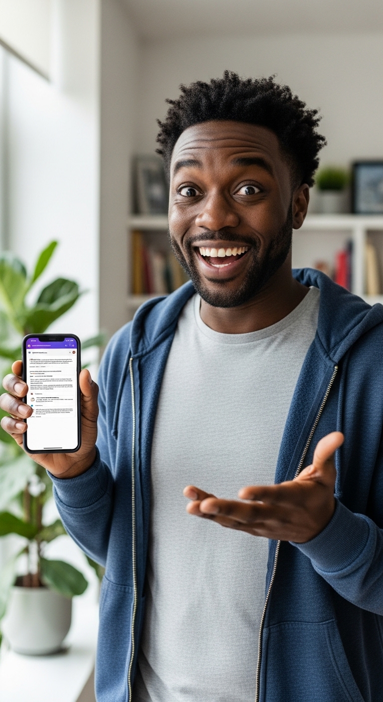 A black man holding his phone and feeling excited #3