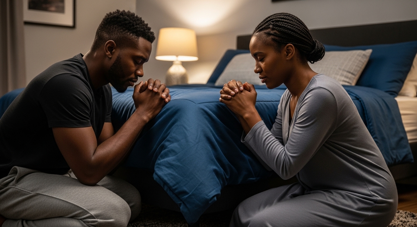 A black man and a black woman on their knees, praying by their bed #3