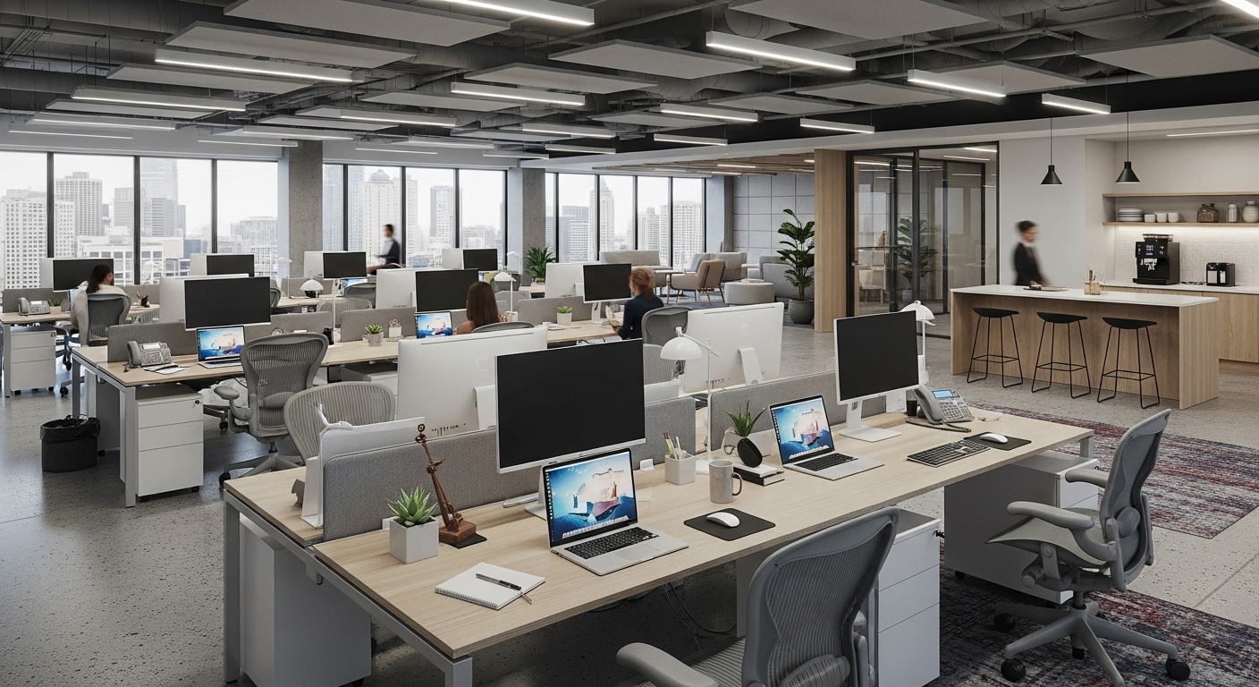 Modern open-plan office laptops on desks #4