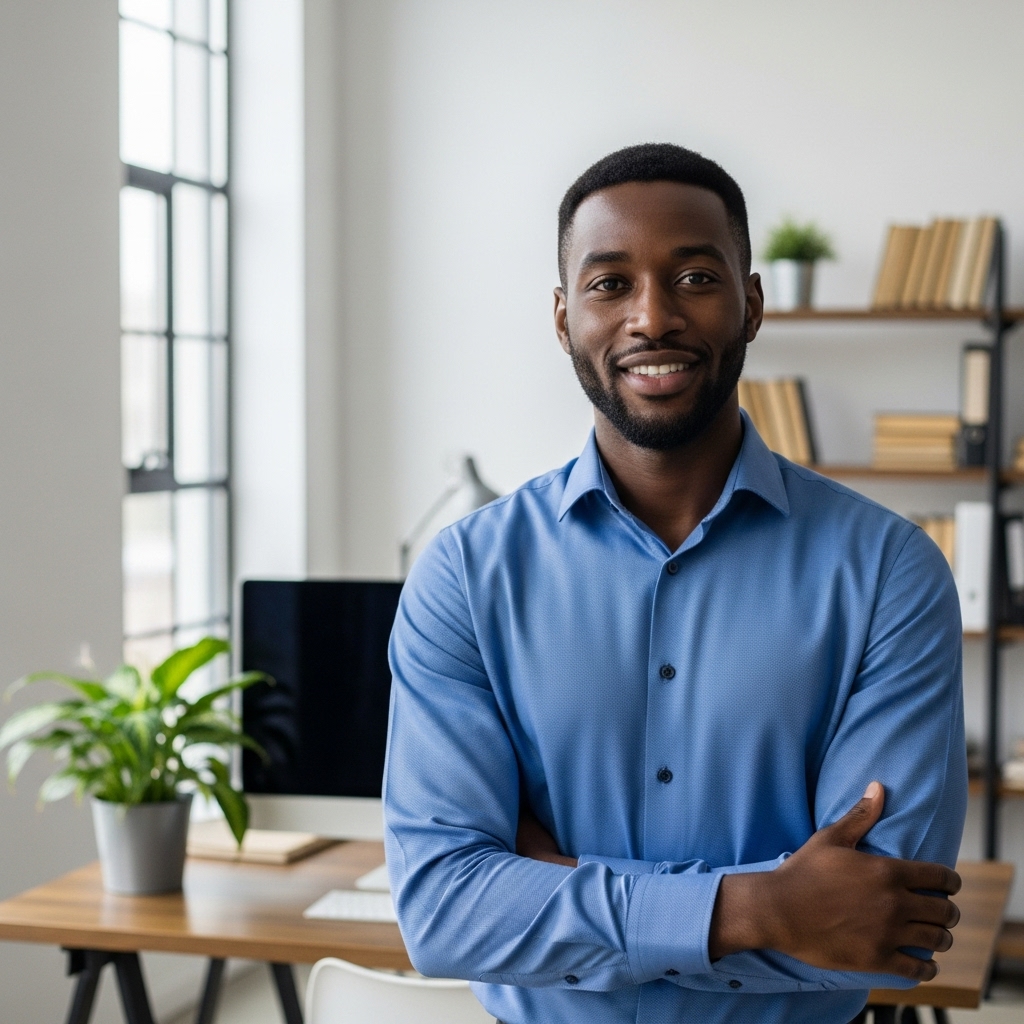 A young happy African man in a blue shirt standing in his office and smiling #2