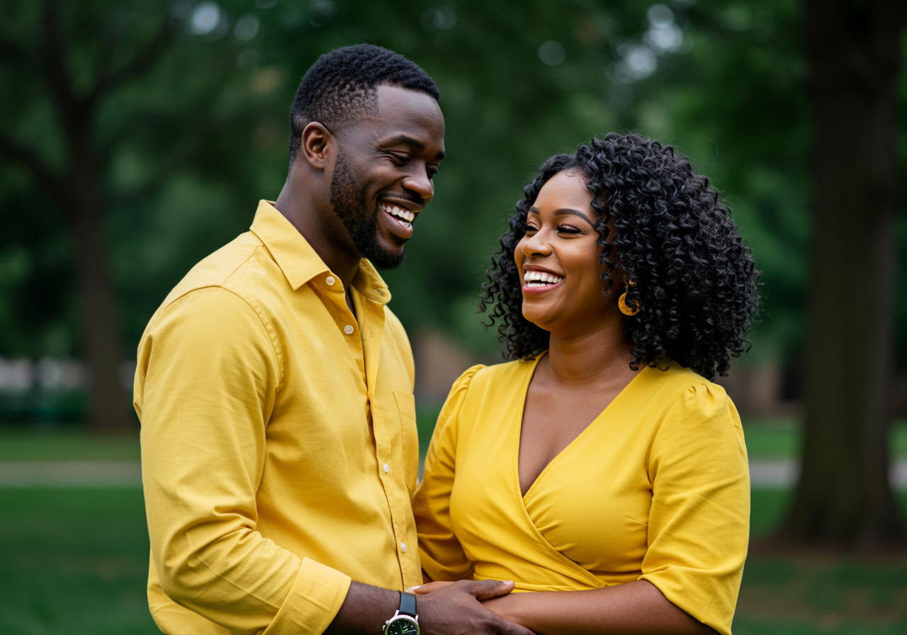A happy black man and woman in yellow attire smiling at their love #1