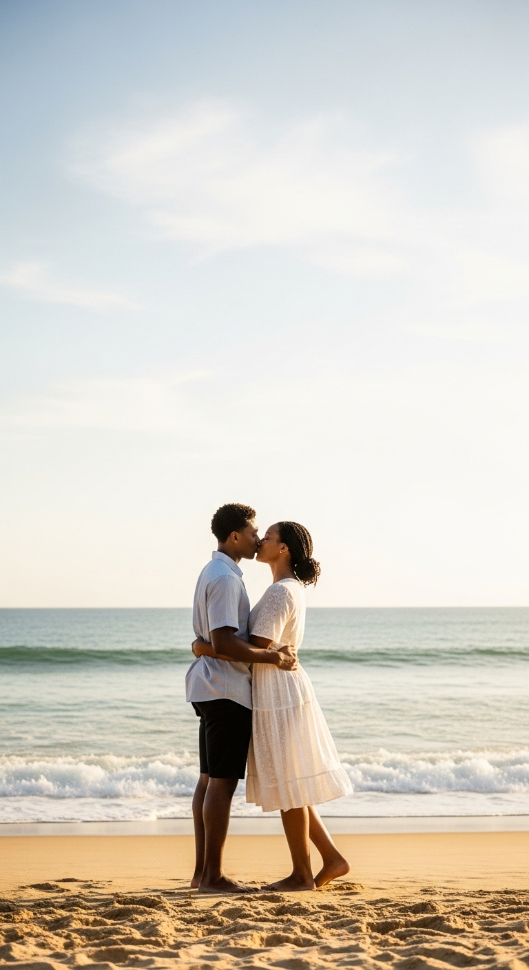 A young black man and woman kissing at the beach #1