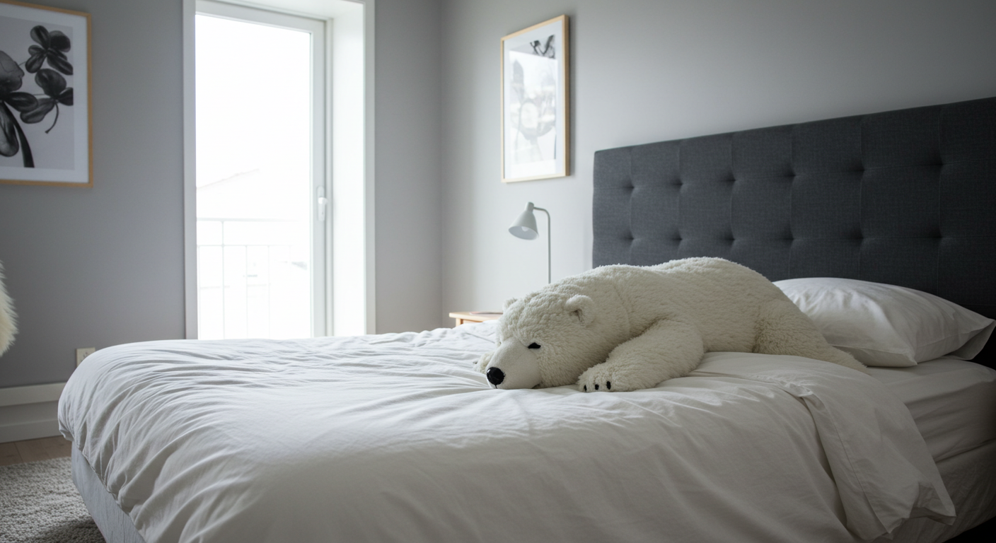 Fuzzy polar bear plushie sleeping in a minimalist modern apartment bed #1