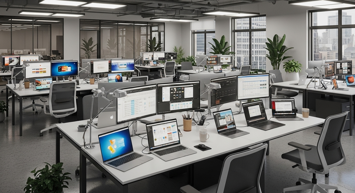 Modern open-plan office laptops on desks #3