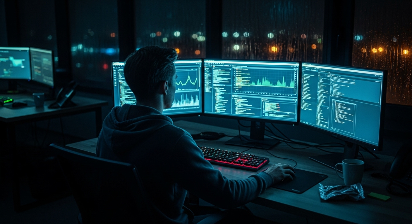 Dramatic night shot of a programmer working late in a dark office with multiple monitors glowing #1