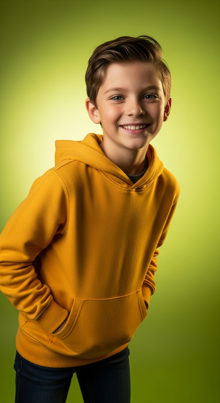 Happy boy in casual hoodie posing in front of a vibrant green backdrop #3