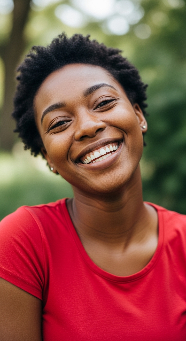 A young black woman in a red shirt smiling #2