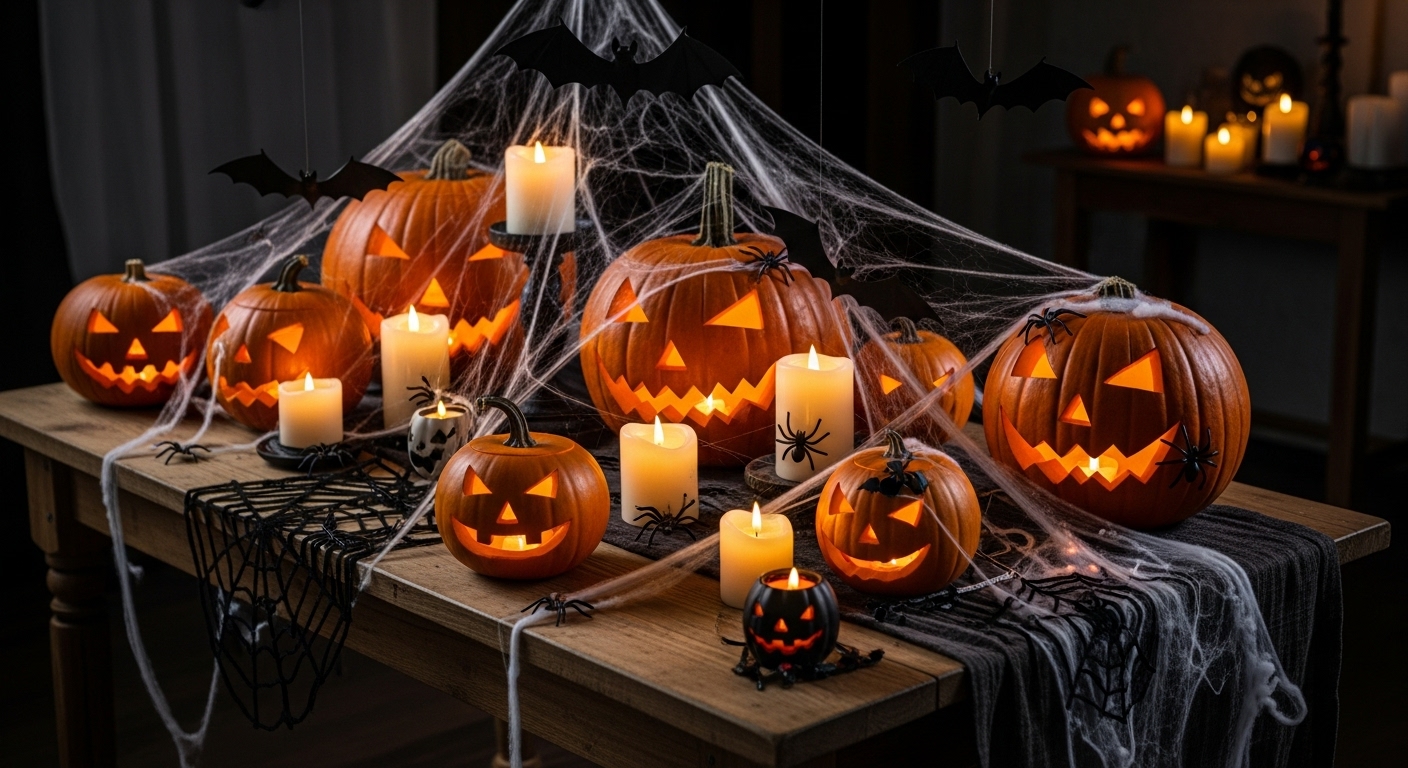 Halloween decorations with pumpkins, candles, bats, and spider webs on rustic wooden table #2