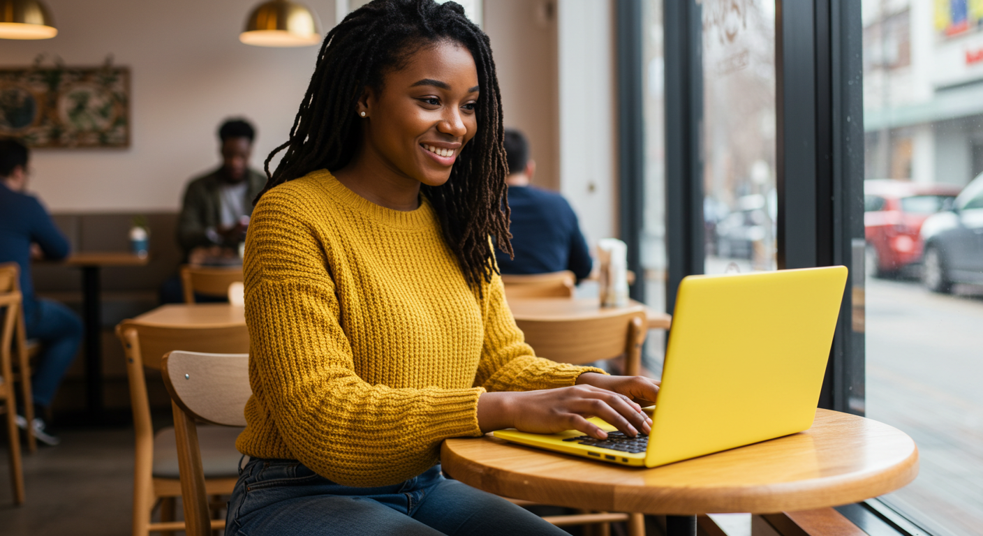 A young black woman in yellow using her laptop #1