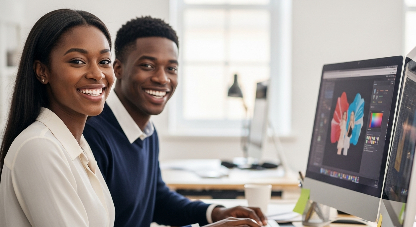 A young black man and woman sitting behind a computer, smiling #1
