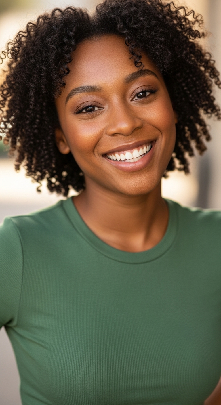 A young black woman in a green shirt smiling #4