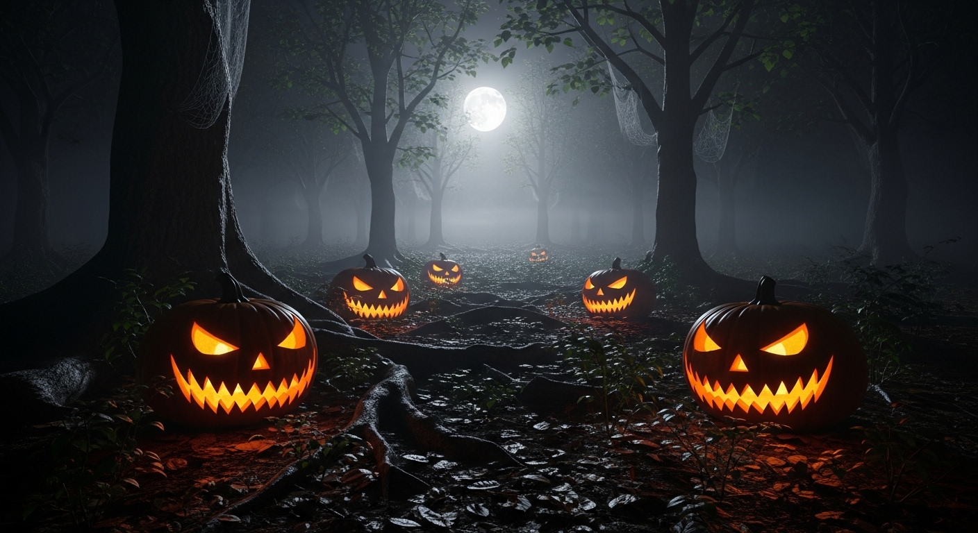 Creepy Halloween pumpkins glowing in the dark forest with mist and moonlight #2