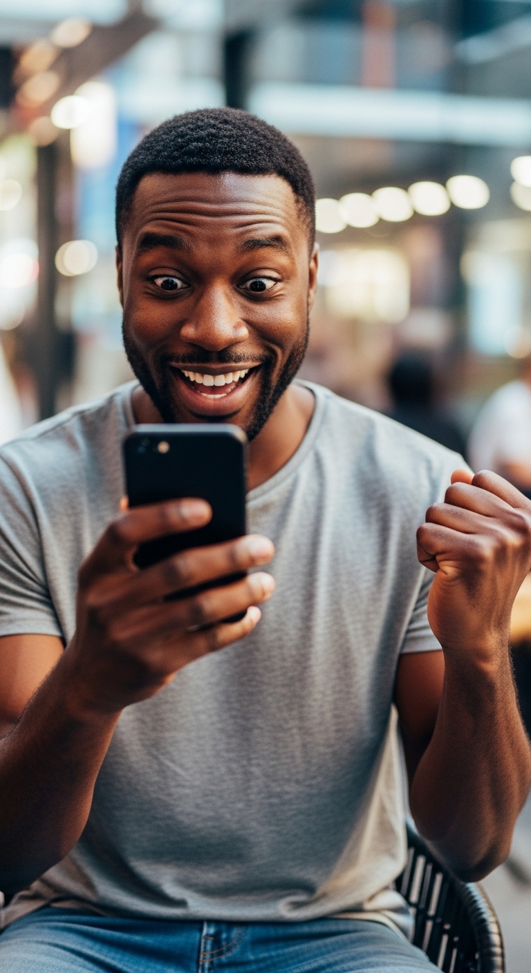 A black man holding his phone and feeling excited #1