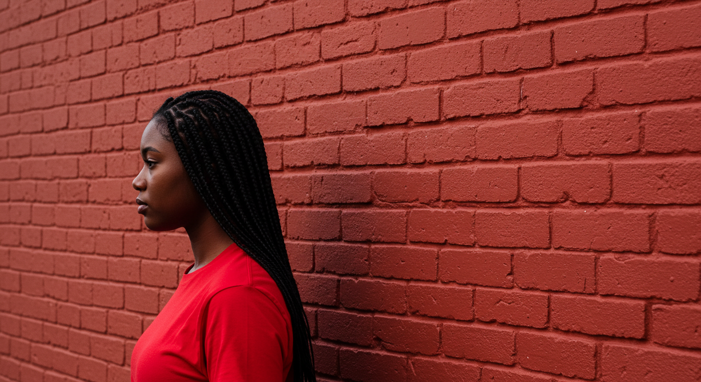A young black woman in a red shirt standing by a red wall in a far-off shot #3