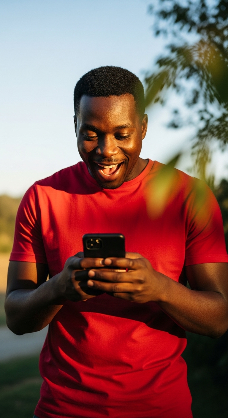 A black man in a red shirt holding his phone and feeling excited #2