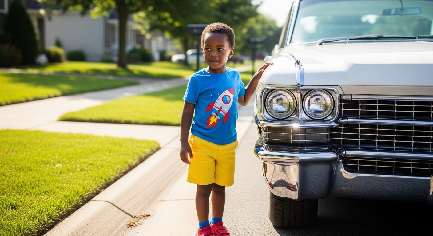 A black child standing by a white car #1