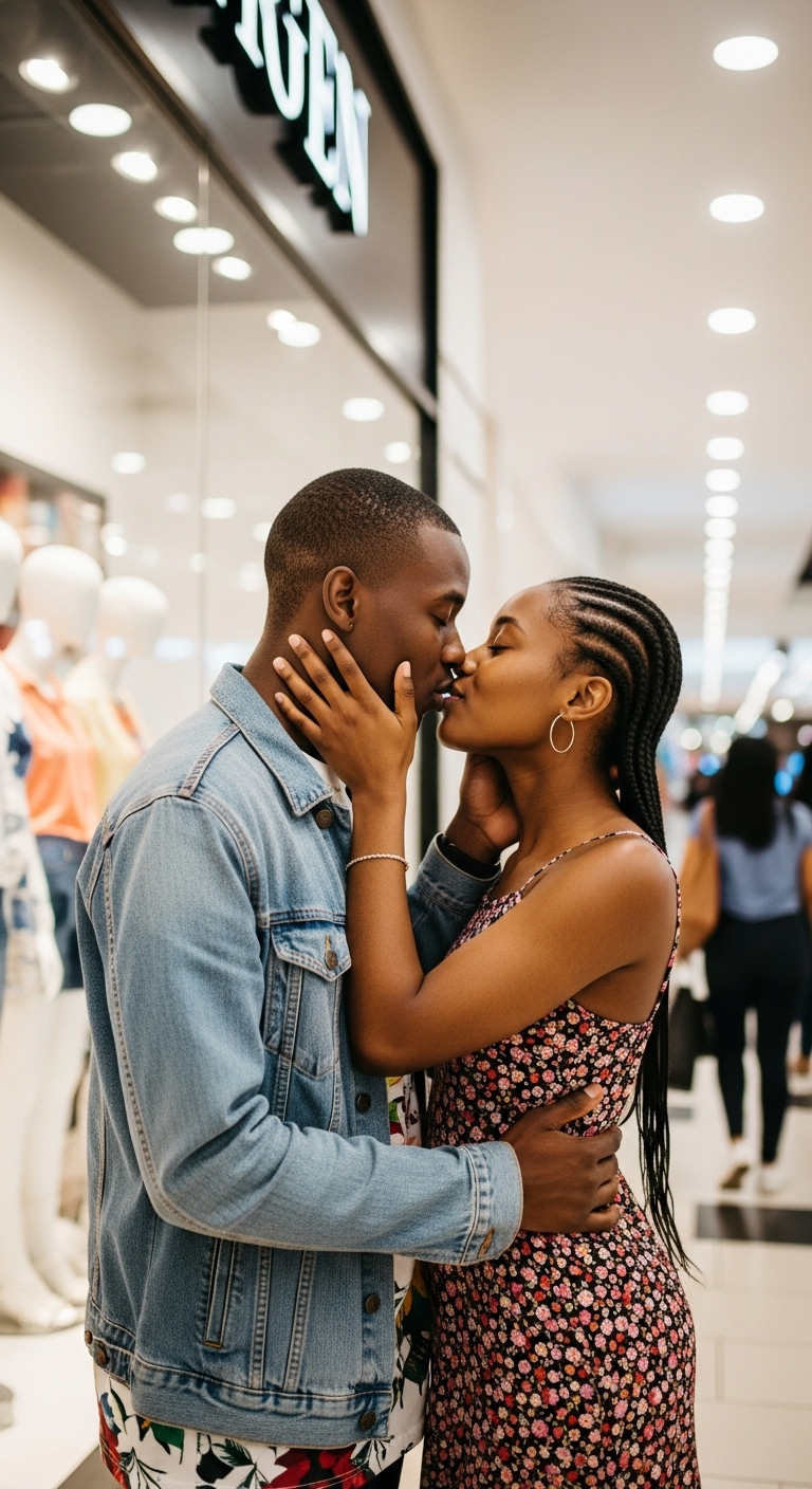 A young black man and woman kissing at the mall #2