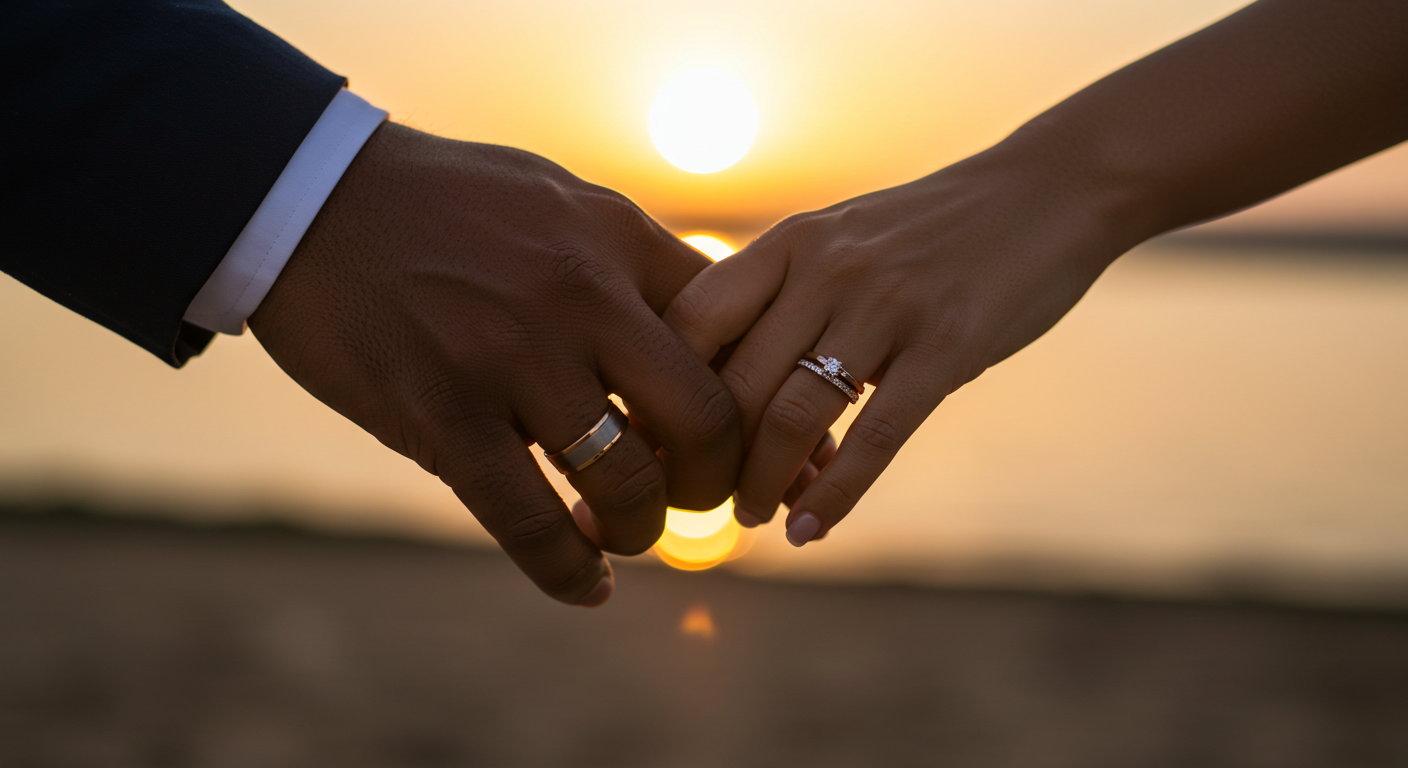 A black man and a woman's hands held together, showing their rings #4