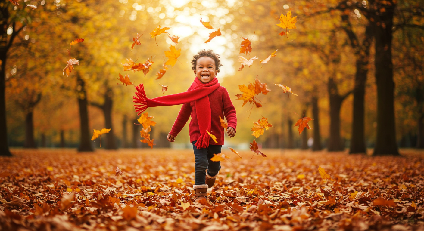 A black child running through a park with fallen leaves swirling around, wearing a red scarf and boots #3