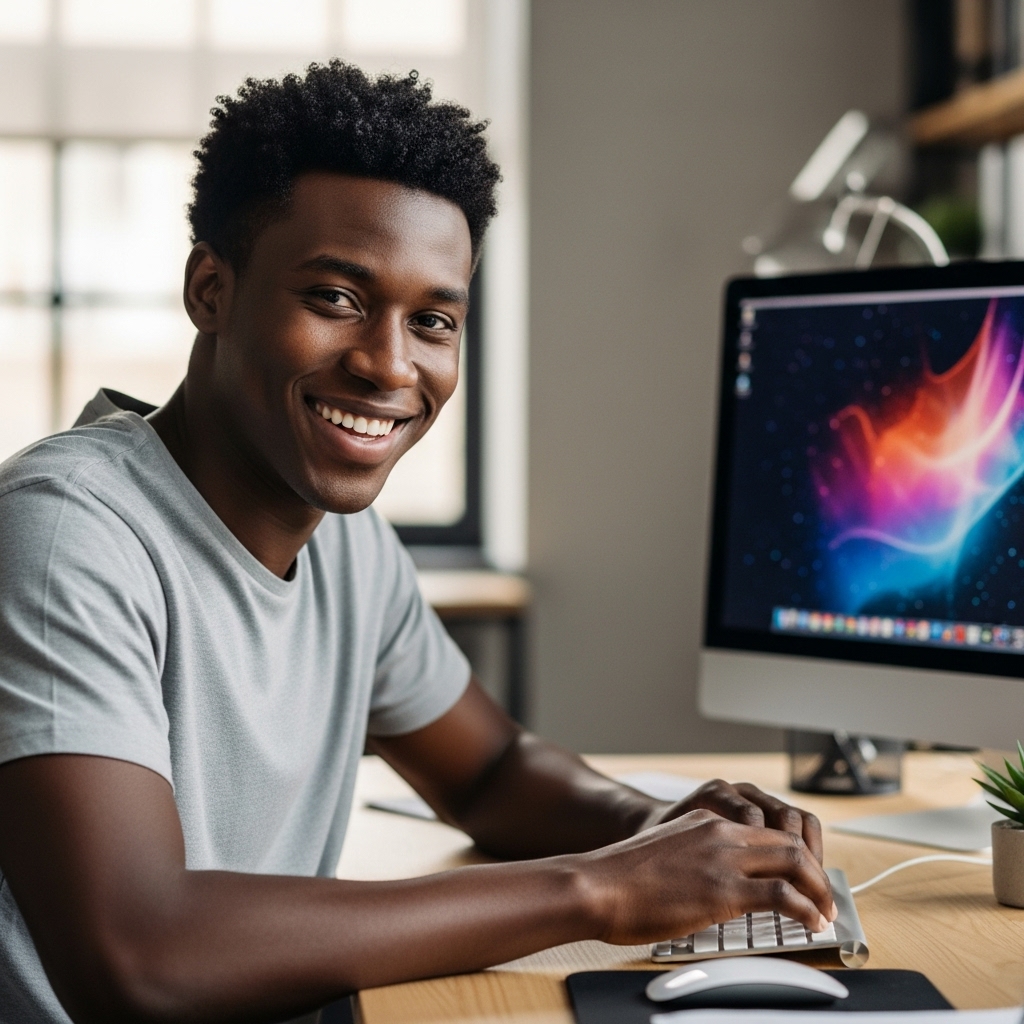 A young African man sitting behind his computer and smiling #1