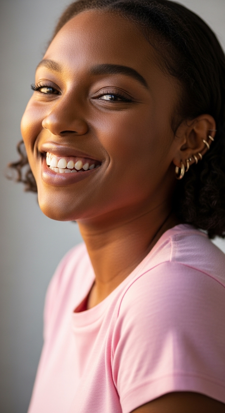 A young black woman in a pink shirt smiling #4