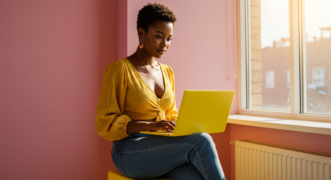 A young black woman in yellow using her laptop #2