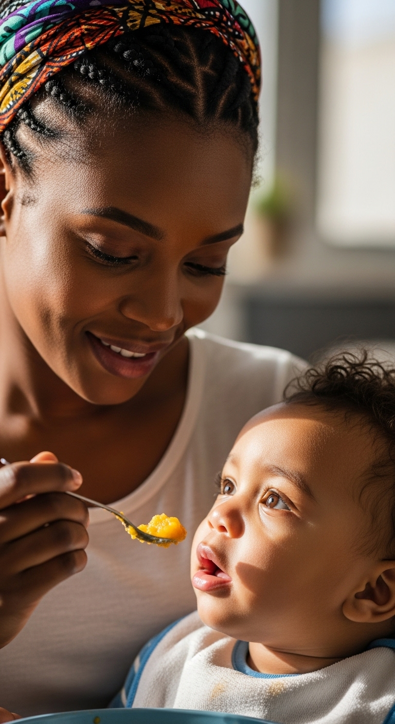 Close-up of a happy African mother feeding her child #4
