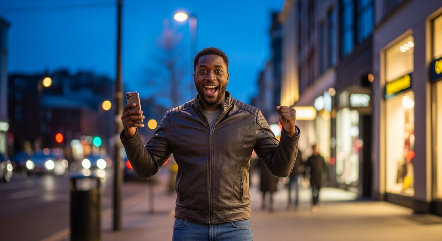 A black man holding his phone and feeling excited #2