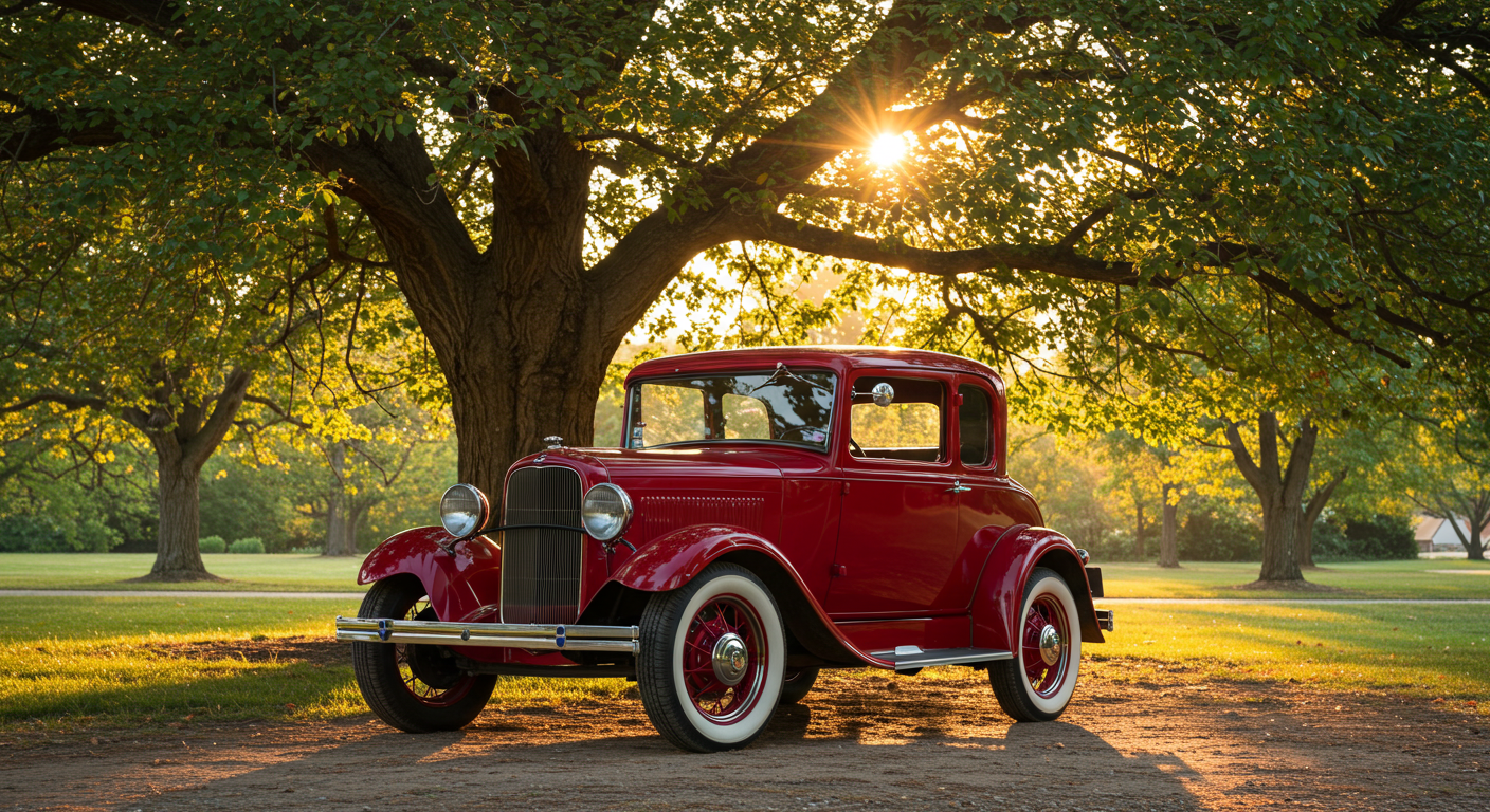 A red vintage car parked under a tree #2