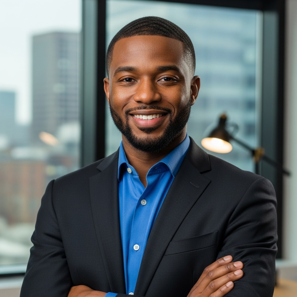A young happy African man in a blue shirt standing in his office and smiling #2