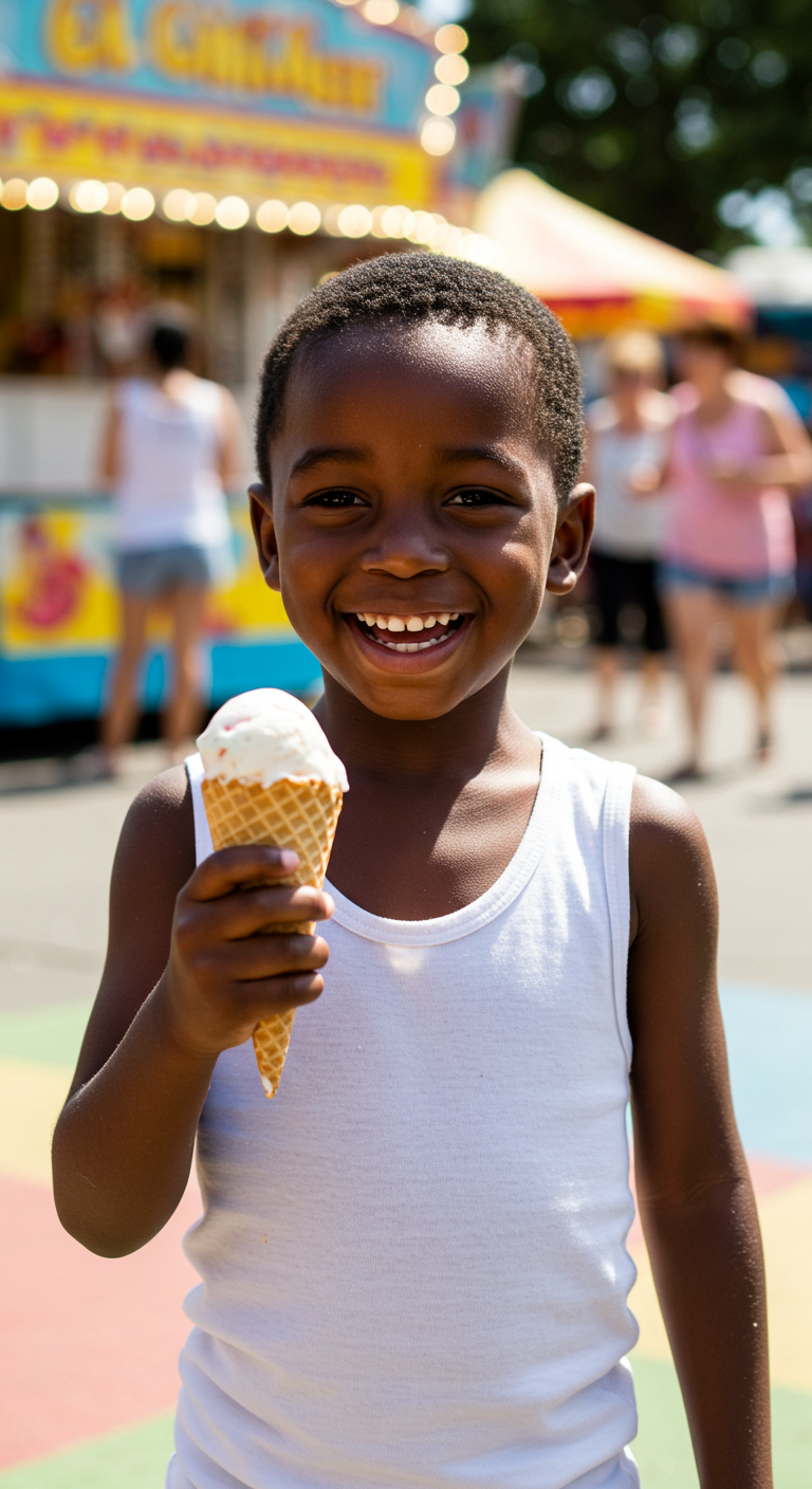 A black male child wearing a white singlet and holding an ice cream #2