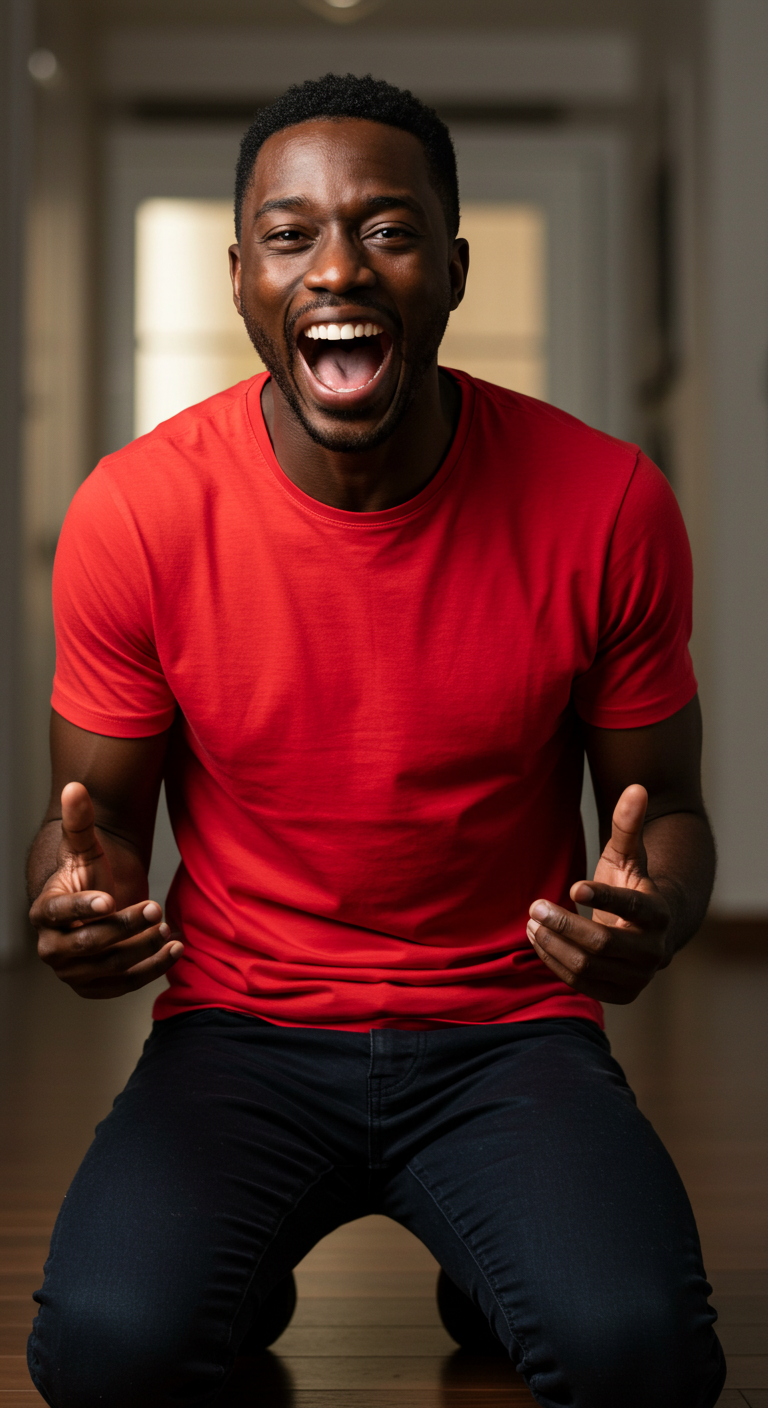 A happy black man in a red shirt on his knees saying yes #3