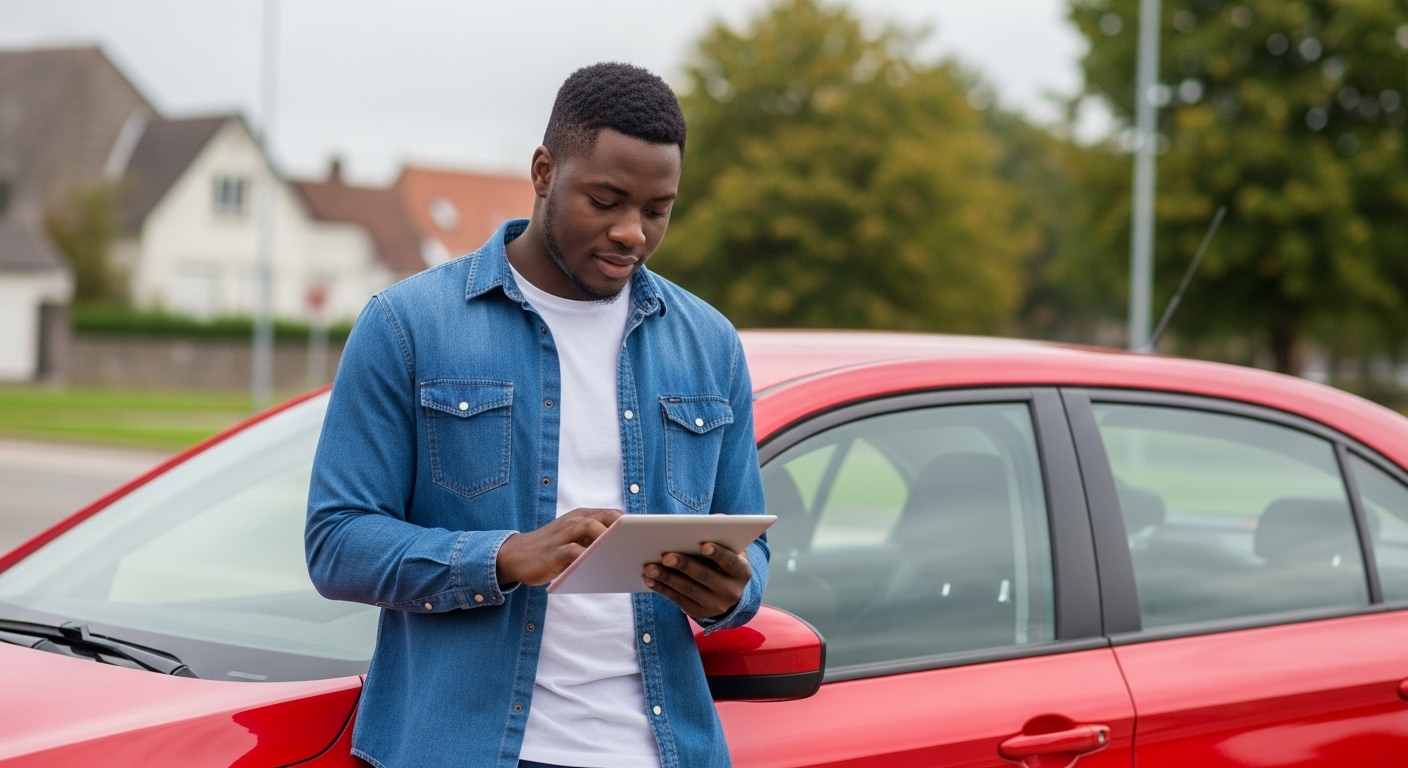 A young black man using a tablet and standing by his red car #1