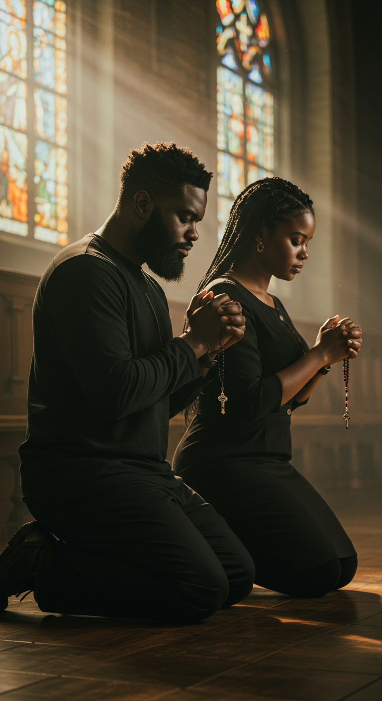 A black man and a black woman on their knees, praying #1