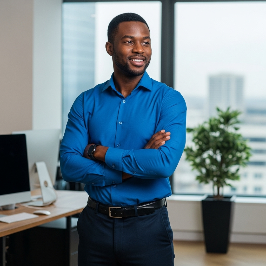 A young happy African man in a blue shirt standing in his office and smiling #1