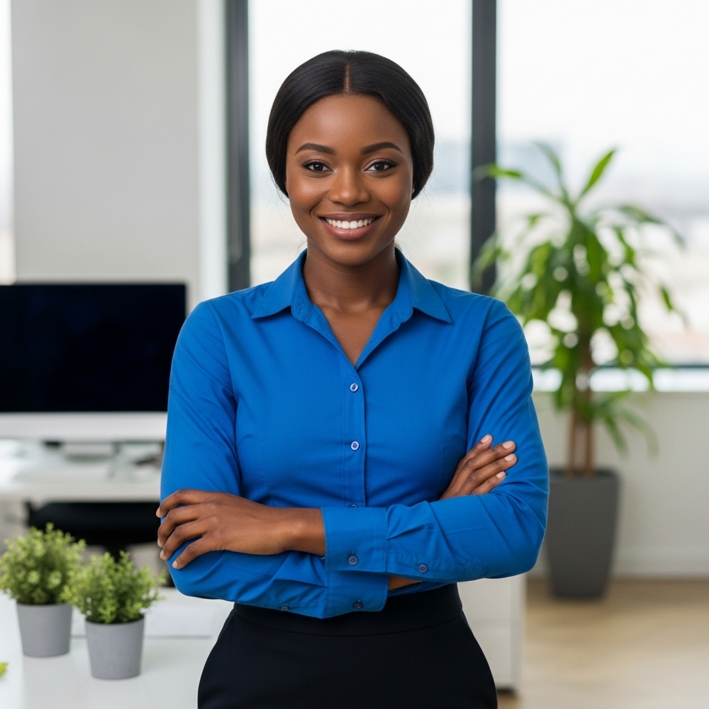 A young happy African woman in a blue shirt standing in her office and smiling #2