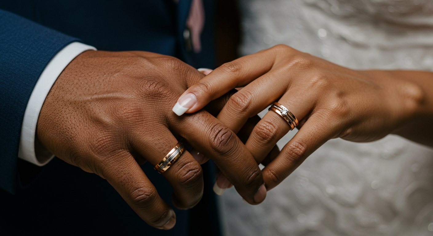 A black man and a woman's hands held together, showing their rings #5