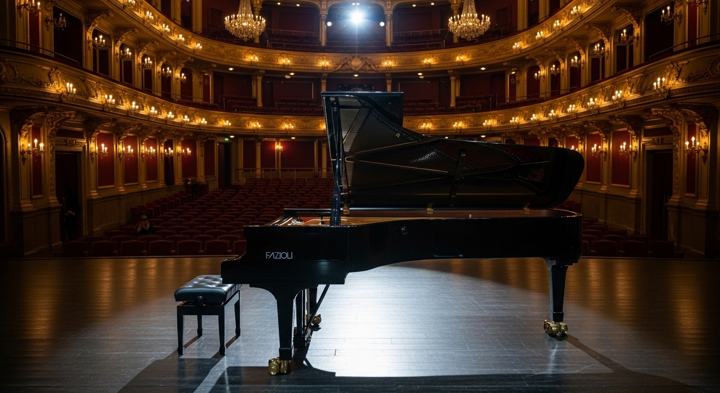 Grand piano in a luxurious concert hall with dramatic stage lighting #1