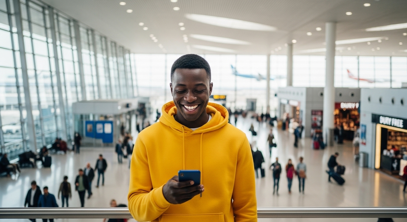 A young black man in a yellow hoodie, looking very happy with his phone at the airport #4