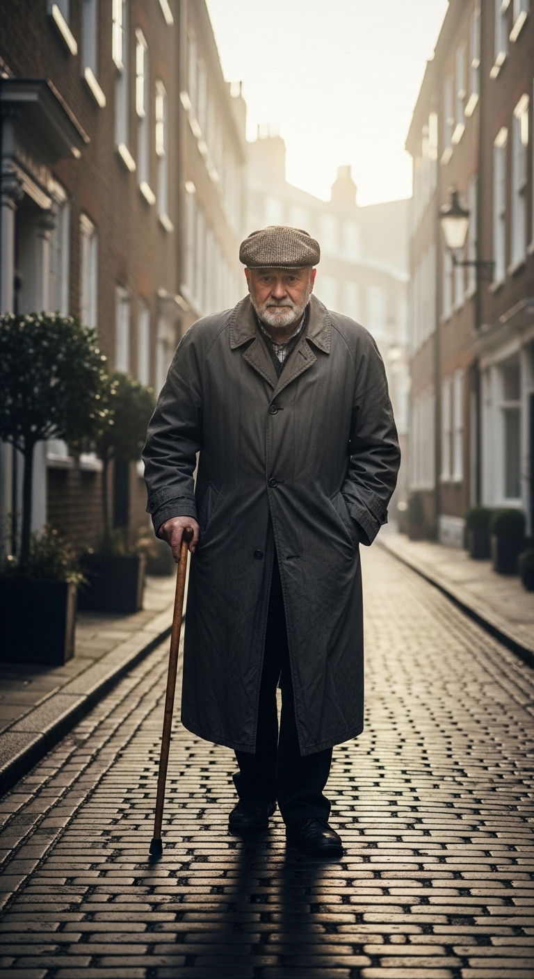 A white old man with a stick walking on a quiet street #1