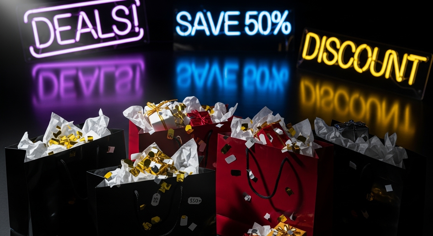 Black Friday sale with shopping bags, confetti, and neon discount signs #3
