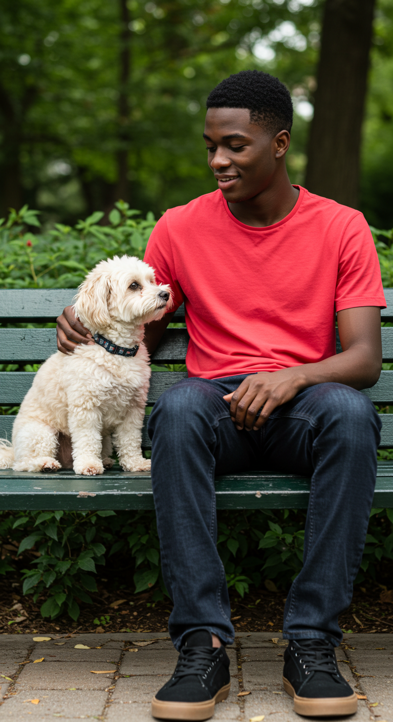 A black young man in a red shirt sitting on a bench with his dog #3