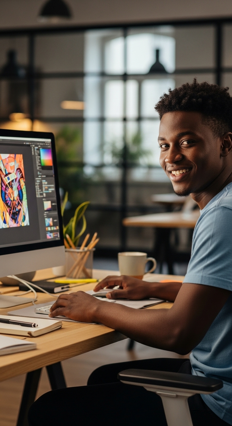 A young African man sitting behind his computer and smiling #1