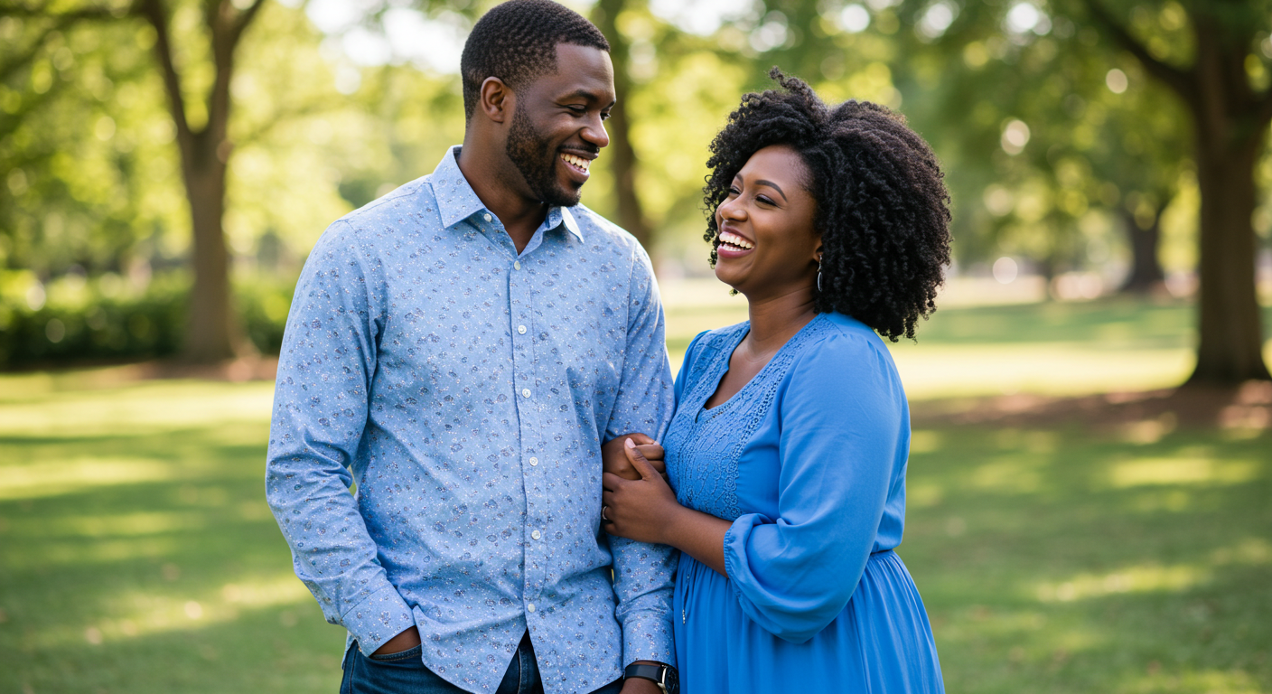A happy black man and woman in blue attire smiling at their love #3