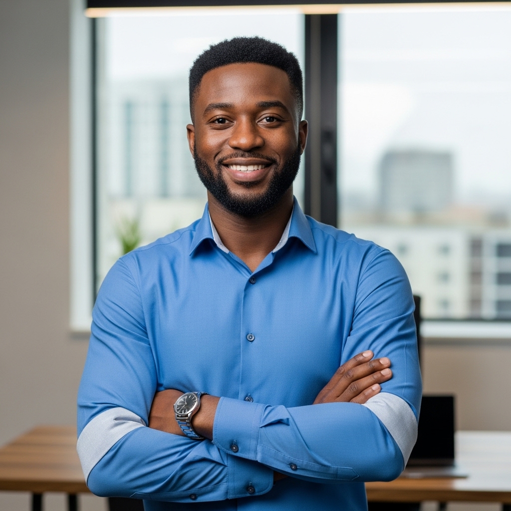 A young happy African man in a blue shirt standing in his office and smiling #3