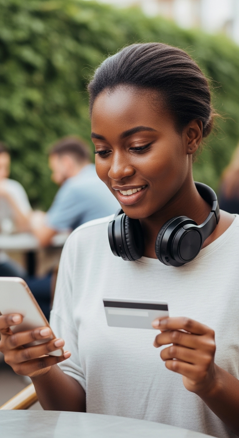 A young, pretty African lady looking down on her phone with a card and headset #1