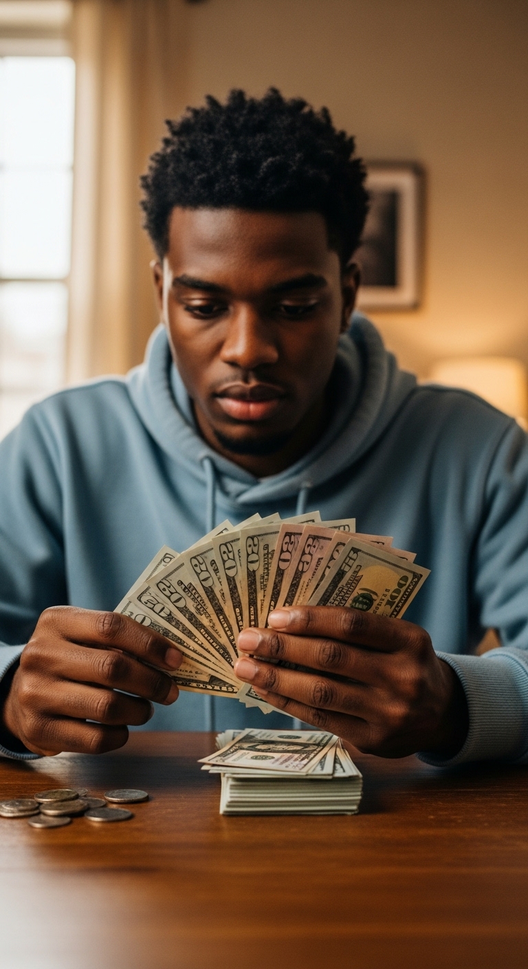 A young black man counting his dollars #2